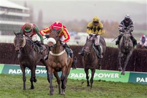 CHELTENHAM, ENGLAND - NOVEMBER 14: Tom O'Brien riding Coole Cody (red/yellow) clear the last to win The Paddy Power Gold Cup Handicap Chase at Cheltenham Racecourse on November 14, 2020 in Cheltenham, England. Owners are allowed to attend if they have a runner at the meeting otherwise racing remains behind closed doors to the public due to the Coronavirus pandemic. (Photo by Alan Crowhurst/Getty Images)
