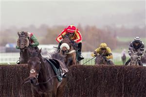 CHELTENHAM, ENGLAND - NOVEMBER 14: Tom O'Brien riding Coole Cody (red/yellow) clear the last to win The Paddy Power Gold Cup Handicap Chase at Cheltenham Racecourse on November 14, 2020 in Cheltenham, England. Owners are allowed to attend if they have a runner at the meeting otherwise racing remains behind closed doors to the public due to the Coronavirus pandemic. (Photo by Alan Crowhurst/Getty Images)