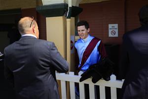 NEWCASTLE, AUSTRALIA - NOVEMBER 14: Jason Collett returns to scale after winning race 3 the Senpos Point Of Sale Benchmark 88 Handicap on Laure Me In during Racing at Newcastle Racecourse on November 14, 2020 in Newcastle, Australia. (Photo by Mark Evans/Getty Images)