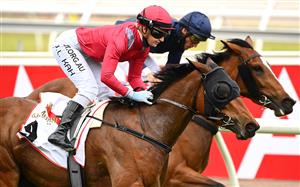 Jamie Kah riding Victoria Quay wins race two the G.h.Mumm Wakeful Stakes during 2020 AAMI Victoria Derby Day at Flemington Racecourse (Getty Images)