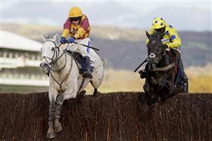 CHELTENHAM, ENGLAND - NOVEMBER 15: Tom Scudamore riding Ramses de Teillee (L) clear the last to win The Planteur At Chapel Stud Handicap Chase from Bryony Frost and Yala Enki (R) at Cheltenham Racecourse on November 15, 2020 in Cheltenham, England. Owners are allowed to attend if they have a runner at the meeting otherwise racing remains behind closed doors to the public due to the Coronavirus pandemic. (Photo by Alan Crowhurst/Getty Images)