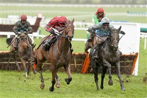 CHELTENHAM, ENGLAND - NOVEMBER 15: Robbie Power riding The Shunter (R, light blue) clear the last to win The Unibet Greatwood Handicap Hurdle at Cheltenham Racecourse on November 15, 2020 in Cheltenham, England. Owners are allowed to attend if they have a runner at the meeting otherwise racing remains behind closed doors to the public due to the Coronavirus pandemic. (Photo by Alan Crowhurst/Getty Images)
