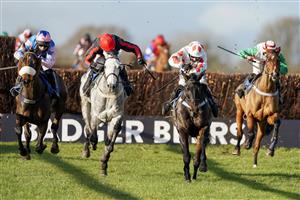 WINCANTON, ENGLAND - NOVEMBER 19: Rex Dingle riding Native Robin (white/red) clear the last to win The Racing TV HD On Sky 426 Handicap Chase at Wincanton Racecourse on November 19, 2020 in Wincanton, England. Owners are allowed to attend if they have a runner at the meeting otherwise racing remains behind closed doors to the public due to the Coronavirus pandemic. (Photo by Alan Crowhurst/Getty Images)