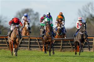 WINCANTON, ENGLAND - NOVEMBER 19: Jonjo O'Neill Jr riding Cary's Commodity (pink/green) clear the last to win The Join Racing TV Now Handicap Hurdle at Wincanton Racecourse on November 19, 2020 in Wincanton, England. Owners are allowed to attend if they have a runner at the meeting otherwise racing remains behind closed doors to the public due to the Coronavirus pandemic. (Photo by Alan Crowhurst/Getty Images)