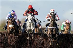 WINCANTON, ENGLAND - NOVEMBER 19: Rex Dingle riding Native Robin (white/red) clear the last to win The Racing TV HD On Sky 426 Handicap Chase at Wincanton Racecourse on November 19, 2020 in Wincanton, England. Owners are allowed to attend if they have a runner at the meeting otherwise racing remains behind closed doors to the public due to the Coronavirus pandemic. (Photo by Alan Crowhurst/Getty Images)