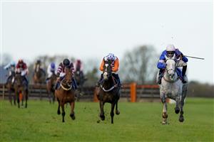 WINCANTON, ENGLAND - NOVEMBER 19: Harry Cobden riding Zyon (blue/pink) clear the last to win The Lenny Roberts Memorial Trophy Novices' Hurdle (GBB Race) (Div 2) at Wincanton Racecourse on November 19, 2020 in Wincanton, England. Owners are allowed to attend if they have a runner at the meeting otherwise racing remains behind closed doors to the public due to the Coronavirus pandemic. (Photo by Alan Crowhurst/Getty Images)