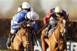 WINCANTON, ENGLAND - NOVEMBER 19: Harry Cobden riding Tamaroc De Mathan (blue/pink) clear the last to win The Visit racingtv.com Novices' Limited Handicap Chase at Wincanton Racecourse on November 19, 2020 in Wincanton, England. Owners are allowed to attend if they have a runner at the meeting otherwise racing remains behind closed doors to the public due to the Coronavirus pandemic. (Photo by Alan Crowhurst/Getty Images)