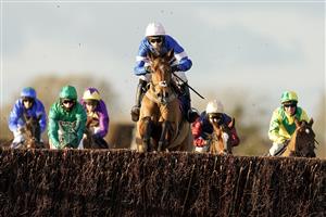WINCANTON, ENGLAND - NOVEMBER 19: Harry Cobden riding Tamaroc De Mathan (blue/pink) clear the last to win The Visit racingtv.com Novices' Limited Handicap Chase at Wincanton Racecourse on November 19, 2020 in Wincanton, England. Owners are allowed to attend if they have a runner at the meeting otherwise racing remains behind closed doors to the public due to the Coronavirus pandemic. (Photo by Alan Crowhurst/Getty Images)