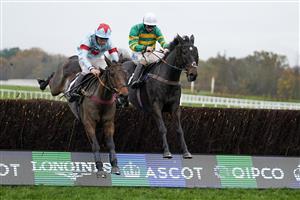 ASCOT, ENGLAND - NOVEMBER 20: Charlie Deutsch riding Espoir de Guye (L) clear the last to win The Coral Handicap Chase at Ascot Racecourse on November 20, 2020 in Ascot, England. Owners are allowed to attend if they have a runner at the meeting otherwise racing remains behind closed doors to the public due to the Coronavirus pandemic. (Photo by Alan Crowhurst/Getty Images)
