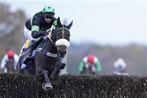 ASCOT, ENGLAND - NOVEMBER 21: David Bass riding First Flow clear the last to win The Coral Hurst Park Handicap Chase at Ascot Racecourse on November 21, 2020 in Ascot, England. Owners are allowed to attend if they have a runner at the meeting otherwise racing remains behind closed doors to the public due to the Coronavirus pandemic. (Photo by Alan Crowhurst/Getty Images)