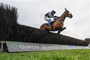 ASCOT, ENGLAND - NOVEMBER 21: David Bass riding Imperial Aura clear the last to win The Chanelle Pharma 1965 Chase at Ascot Racecourse on November 21, 2020 in Ascot, England. Owners are allowed to attend if they have a runner at the meeting otherwise racing remains behind closed doors to the public due to the Coronavirus pandemic. (Photo by Alan Crowhurst/Getty Images)