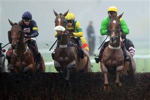 MANCHESTER, ENGLAND - NOVEMBER 21: Action from the Betfair Supports Safer Gambling Week Handicap Chase at Haydock Park, Merseyside on November 21, 2020 in Manchester, England. (Photo by Mike Egerton - Pool/Getty Images)