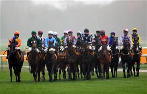 MANCHESTER, ENGLAND - NOVEMBER 21: Horses and Jockey's ahead of the Betfair Exchange Stayers' Handicap Hurdle at Haydock Park, Merseyside on November 21, 2020 in Manchester, England. (Photo by Mike Egerton - Pool/Getty Images)