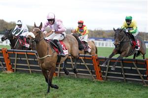 ASCOT, ENGLAND - NOVEMBER 21: Bridget Andrews riding Robin Gold (R) clear the last to win The Veolia Mares' Handicap Hurdle at Ascot Racecourse on November 21, 2020 in Ascot, England. Owners are allowed to attend if they have a runner at the meeting otherwise racing remains behind closed doors to the public due to the Coronavirus pandemic. (Photo by Alan Crowhurst/Getty Images)