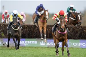 ASCOT, ENGLAND - NOVEMBER 21: Richard Patrick riding Demachine (yellow/red) clear the last to win The Play The Coral 'Racing Super Series' Novices' Limited Handicap Chase at Ascot Racecourse on November 21, 2020 in Ascot, England. Owners are allowed to attend if they have a runner at the meeting otherwise racing remains behind closed doors to the public due to the Coronavirus pandemic. (Photo by Alan Crowhurst/Getty Images)