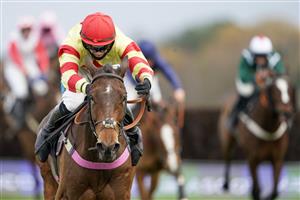 ASCOT, ENGLAND - NOVEMBER 21: Richard Patrick riding Demachine (yellow/red) clear the last to win The Play The Coral 'Racing Super Series' Novices' Limited Handicap Chase at Ascot Racecourse on November 21, 2020 in Ascot, England. Owners are allowed to attend if they have a runner at the meeting otherwise racing remains behind closed doors to the public due to the Coronavirus pandemic. (Photo by Alan Crowhurst/Getty Images)