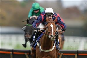 ASCOT, ENGLAND - NOVEMBER 21: Nico de Boinville riding Song For Someone clear the last to win The Coral Hurdle at Ascot Racecourse on November 21, 2020 in Ascot, England. Owners are allowed to attend if they have a runner at the meeting otherwise racing remains behind closed doors to the public due to the Coronavirus pandemic. (Photo by Alan Crowhurst/Getty Images)
