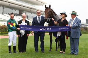 MELBOURNE, AUSTRALIA - FEBRUARY 15: Jockey Ryan Maloney (L) Trainer David Vandyke pose with Alligator Blood after winning race 5 the CS Hayes Stakes during Melbourne Racing at Flemington Racecourse on February 15, 2020 in Melbourne, Australia. (Photo by Kelly Defina/Getty Images)