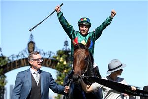 MELBOURNE, AUSTRALIA - FEBRUARY 29: Ryan Maloney riding Alligator Blood celebrates after winning Race 7 the Kennedy Australian Guineas during Melbourne Racing at Flemington Racecourse on February 29, 2020 in Melbourne, Australia. (Photo by Jack Thomas/Getty Images)