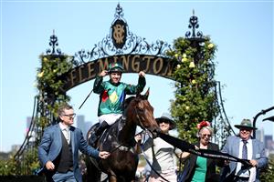 MELBOURNE, AUSTRALIA - FEBRUARY 29: Ryan Maloney riding Alligator Blood celebrates after winning Race 7 the Kennedy Australian Guineas during Melbourne Racing at Flemington Racecourse on February 29, 2020 in Melbourne, Australia. (Photo by Jack Thomas/Getty Images)
