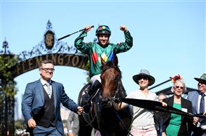 MELBOURNE, AUSTRALIA - FEBRUARY 29: Ryan Maloney riding Alligator Blood celebrates after winning Race 7 the Kennedy Australian Guineas during Melbourne Racing at Flemington Racecourse on February 29, 2020 in Melbourne, Australia. (Photo by Jack Thomas/Getty Images)