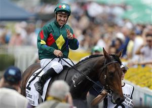GOLD COAST, AUSTRALIA - JANUARY 11: Ryan Maloney celebrates riding Alligator Blood to victory int he $2 Milion Gold Coast Magic Millions 3YO Guineas race during the 2019 Magic Millions at the Gold Coast Turf Club on January 11, 2020 in Gold Coast, Australia. (Photo by Regi Varghese/Getty Images)
