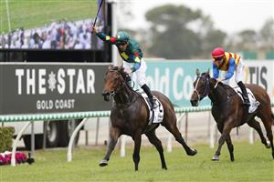 GOLD COAST, AUSTRALIA - JANUARY 11: Ryan Maloney rides Alligator Blood to victory int he $2 Milion Gold Coast Magic Millions 3YO Guineas race during the 2019 Magic Millions at the Gold Coast Turf Club on January 11, 2020 in Gold Coast, Australia. (Photo by Regi Varghese/Getty Images)