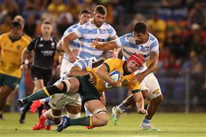 NEWCASTLE, AUSTRALIA - NOVEMBER 21: Harry Wilson of the Wallabies is tackled during the 2020 Tri-Nations match between the Australian Wallabies and the Argentina Pumas at McDonald Jones Stadium on November 21, 2020 in Newcastle, Australia. (Photo by Mark Kolbe/Getty Images)