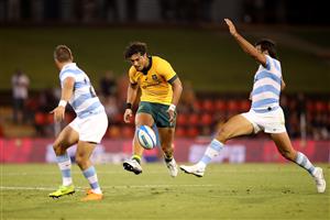 NEWCASTLE, AUSTRALIA - NOVEMBER 21: Hunter Paisami of the Wallabies kicks ahead during the 2020 Tri-Nations match between the Australian Wallabies and the Argentina Pumas at McDonald Jones Stadium on November 21, 2020 in Newcastle, Australia. (Photo by Mark Kolbe/Getty Images)