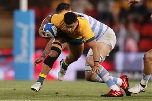 NEWCASTLE, AUSTRALIA - NOVEMBER 21: Hunter Paisami of the Wallabies is tackled during the 2020 Tri-Nations match between the Australian Wallabies and the Argentina Pumas at McDonald Jones Stadium on November 21, 2020 in Newcastle, Australia. (Photo by Mark Metcalfe/Getty Images)