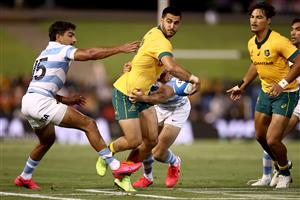 NEWCASTLE, AUSTRALIA - NOVEMBER 21: Tom Wright of Australia is tackled during the 2020 Tri-Nations match between the Australian Wallabies and the Argentina Pumas at McDonald Jones Stadium on November 21, 2020 in Newcastle, Australia. (Photo by Cameron Spencer/Getty Images)