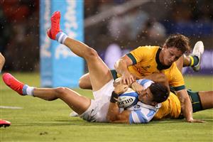 NEWCASTLE, AUSTRALIA - NOVEMBER 21: Bautista Delguy of the Pumas is tackled during the 2020 Tri-Nations match between the Australian Wallabies and the Argentina Pumas at McDonald Jones Stadium on November 21, 2020 in Newcastle, Australia. (Photo by Mark Kolbe/Getty Images)