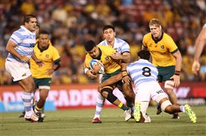 NEWCASTLE, AUSTRALIA - NOVEMBER 21: Hunter Paisami of Australia is tackled during the 2020 Tri-Nations match between the Australian Wallabies and the Argentina Pumas at McDonald Jones Stadium on November 21, 2020 in Newcastle, Australia. (Photo by Cameron Spencer/Getty Images)