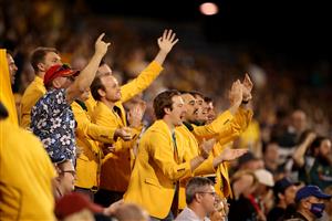 NEWCASTLE, AUSTRALIA - NOVEMBER 21: Wallabies fans show their support during the 2020 Tri-Nations match between the Australian Wallabies and the Argentina Pumas at McDonald Jones Stadium on November 21, 2020 in Newcastle, Australia. (Photo by Mark Kolbe/Getty Images)