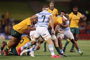 NEWCASTLE, AUSTRALIA - NOVEMBER 21: Matt Philip of the Wallabies is tackled during the 2020 Tri-Nations match between the Australian Wallabies and the Argentina Pumas at McDonald Jones Stadium on November 21, 2020 in Newcastle, Australia. (Photo by Mark Metcalfe/Getty Images)