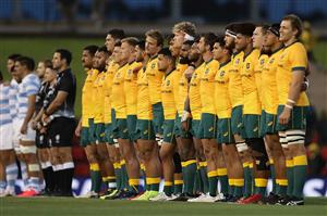 NEWCASTLE, AUSTRALIA - NOVEMBER 21: The Wallabies sing the national anthem before the 2020 Tri-Nations match between the Australian Wallabies and the Argentina Pumas at McDonald Jones Stadium on November 21, 2020 in Newcastle, Australia. (Photo by Mark Metcalfe/Getty Images)