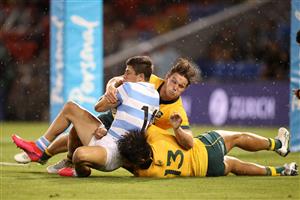 NEWCASTLE, AUSTRALIA - NOVEMBER 21: Bautista Delguy of the Pumas is tackled during the 2020 Tri-Nations match between the Australian Wallabies and the Argentina Pumas at McDonald Jones Stadium on November 21, 2020 in Newcastle, Australia. (Photo by Mark Kolbe/Getty Images)