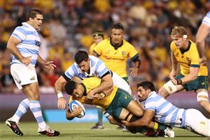 NEWCASTLE, AUSTRALIA - NOVEMBER 21: Hunter Paisami of Australia is tackled during the 2020 Tri-Nations match between the Australian Wallabies and the Argentina Pumas at McDonald Jones Stadium on November 21, 2020 in Newcastle, Australia. (Photo by Cameron Spencer/Getty Images)