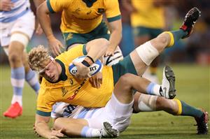 NEWCASTLE, AUSTRALIA - NOVEMBER 21: Matt Philip of the Wallabies is tackled during the 2020 Tri-Nations match between the Australian Wallabies and the Argentina Pumas at McDonald Jones Stadium on November 21, 2020 in Newcastle, Australia. (Photo by Mark Kolbe/Getty Images)