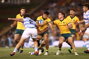 NEWCASTLE, AUSTRALIA - NOVEMBER 21: Hunter Paisami of Australia is tackled during the 2020 Tri-Nations match between the Australian Wallabies and the Argentina Pumas at McDonald Jones Stadium on November 21, 2020 in Newcastle, Australia. (Photo by Cameron Spencer/Getty Images)