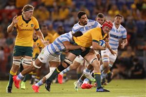 NEWCASTLE, AUSTRALIA - NOVEMBER 21: Harry Wilson of the Wallabies is tackled during the 2020 Tri-Nations match between the Australian Wallabies and the Argentina Pumas at McDonald Jones Stadium on November 21, 2020 in Newcastle, Australia. (Photo by Mark Kolbe/Getty Images)