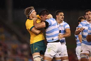NEWCASTLE, AUSTRALIA - NOVEMBER 21: Ned Hanigan of Australia and Matias Alemanno of Argentina scrap during the 2020 Tri-Nations match between the Australian Wallabies and the Argentina Pumas at McDonald Jones Stadium on November 21, 2020 in Newcastle, Australia. (Photo by Cameron Spencer/Getty Images)