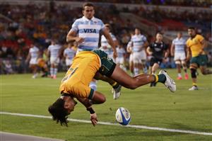 NEWCASTLE, AUSTRALIA - NOVEMBER 21: Jordan Petaia of the Wallabies touches down for a try that was later disallowed during the 2020 Tri-Nations match between the Australian Wallabies and the Argentina Pumas at McDonald Jones Stadium on November 21, 2020 in Newcastle, Australia. (Photo by Mark Metcalfe/Getty Images)