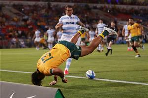 NEWCASTLE, AUSTRALIA - NOVEMBER 21: Jordan Petaia of the Wallabies touches down for a try that was later disallowed during the 2020 Tri-Nations match between the Australian Wallabies and the Argentina Pumas at McDonald Jones Stadium on November 21, 2020 in Newcastle, Australia. (Photo by Mark Metcalfe/Getty Images)