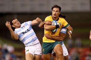NEWCASTLE, AUSTRALIA - NOVEMBER 21: Jordan Petaia of Australia makes a break during the 2020 Tri-Nations match between the Australian Wallabies and the Argentina Pumas at McDonald Jones Stadium on November 21, 2020 in Newcastle, Australia. (Photo by Cameron Spencer/Getty Images)