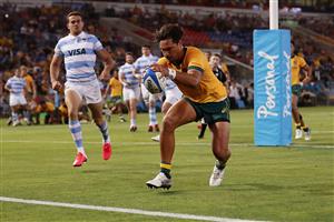 NEWCASTLE, AUSTRALIA - NOVEMBER 21: Jordan Petaia of the Wallabies touches down for a try that was later disallowed during the 2020 Tri-Nations match between the Australian Wallabies and the Argentina Pumas at McDonald Jones Stadium on November 21, 2020 in Newcastle, Australia. (Photo by Mark Metcalfe/Getty Images)