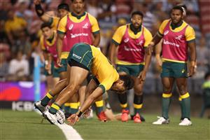 NEWCASTLE, AUSTRALIA - NOVEMBER 21: Jordan Petaia of Australia touches down for a dis-allowed try during the 2020 Tri-Nations match between the Australian Wallabies and the Argentina Pumas at McDonald Jones Stadium on November 21, 2020 in Newcastle, Australia. (Photo by Cameron Spencer/Getty Images)