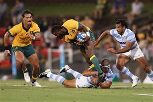 NEWCASTLE, AUSTRALIA - NOVEMBER 21: Marika Koroibete of the Wallabies is tackled during the 2020 Tri-Nations match between the Australian Wallabies and the Argentina Pumas at McDonald Jones Stadium on November 21, 2020 in Newcastle, Australia. (Photo by Mark Metcalfe/Getty Images)