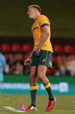 NEWCASTLE, AUSTRALIA - NOVEMBER 21: Reece Hodge of the Wallabies reacts to missing a kick during the 2020 Tri-Nations match between the Australian Wallabies and the Argentina Pumas at McDonald Jones Stadium on November 21, 2020 in Newcastle, Australia. (Photo by Mark Metcalfe/Getty Images)