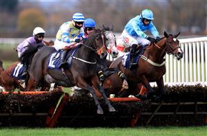 WETHERBY, UNITED KINGDOM - NOVEMBER 25: Miracle Eagle ridden by jockey Joe Colliver (left) and Numberoneson ridden by jockey Daryl Jacob (right) clear a fence during the wetherbyracing.co.uk Juvenile Maiden Hurdle (Northern Lights Juvenile Series Qualifier) (GBB Race) at Wetherby Racecourse on November 25, 2020 in Wetherby, England. (Photo by Mike Egerton - Pool/Getty Images)